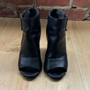 Black Leather Peep-Toe Ankle Boots